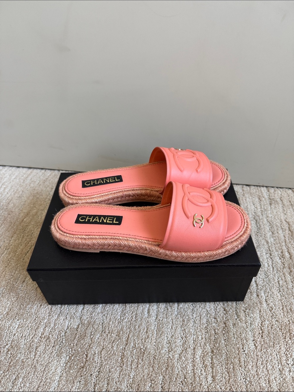 CHANEL Coral Pink Leather Espadrille Slide Mules